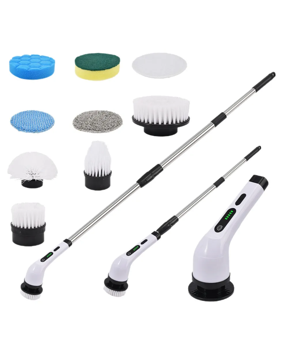 9-in-1 electric cleaning brush kit — cordless motor unit, telescopic stainless handle, four bristle brushes and five cleaning pads